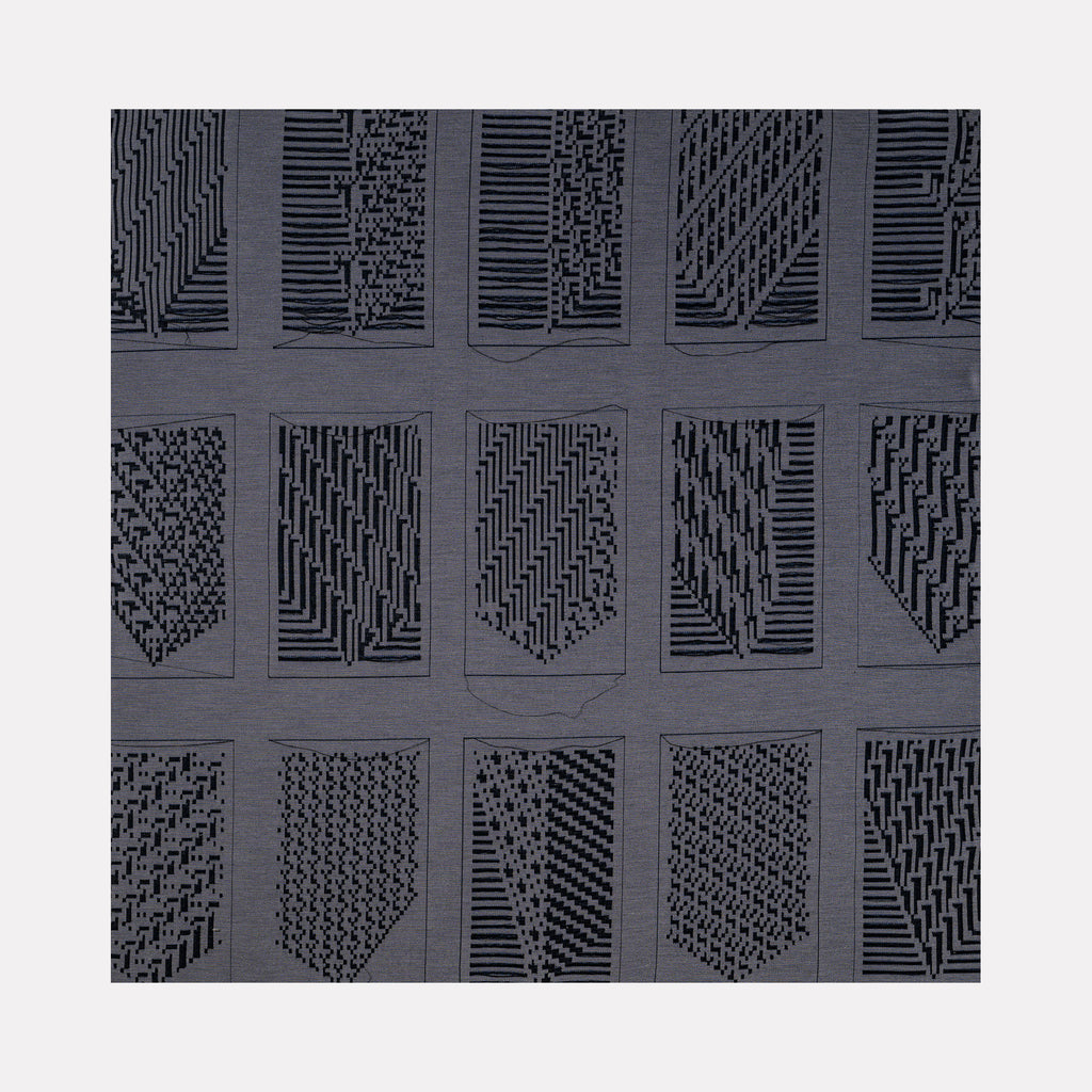 Algorithmic Textures (#14) by Craftwork showcases a grid of abstract geometric patterns in monochromatic black and gray tones, featuring intricate linear and block motifs that create a rhythmic and modern visual exploration of texture and form within contemporary art.