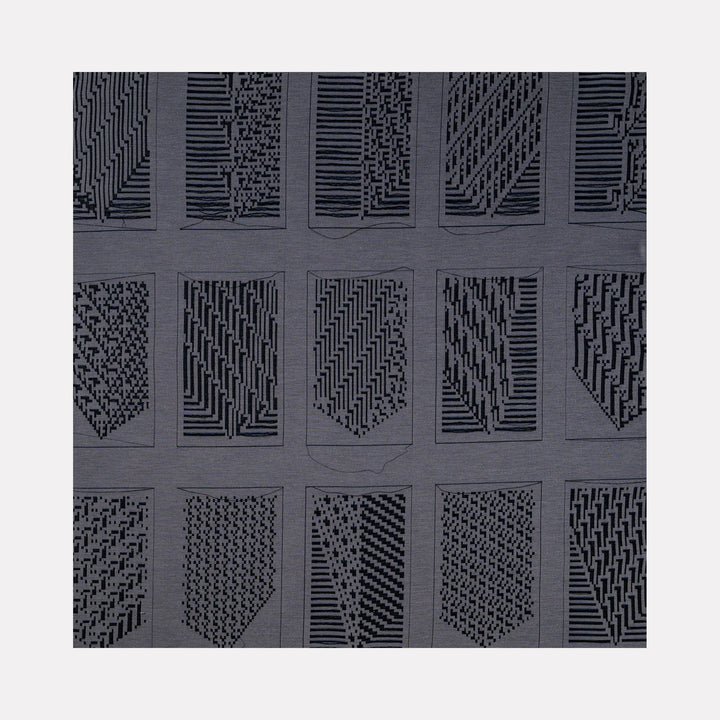 Algorithmic Textures (#14) by Craftwork showcases a grid of abstract geometric patterns in monochromatic black and gray tones, featuring intricate linear and block motifs that create a rhythmic and modern visual exploration of texture and form within contemporary art.