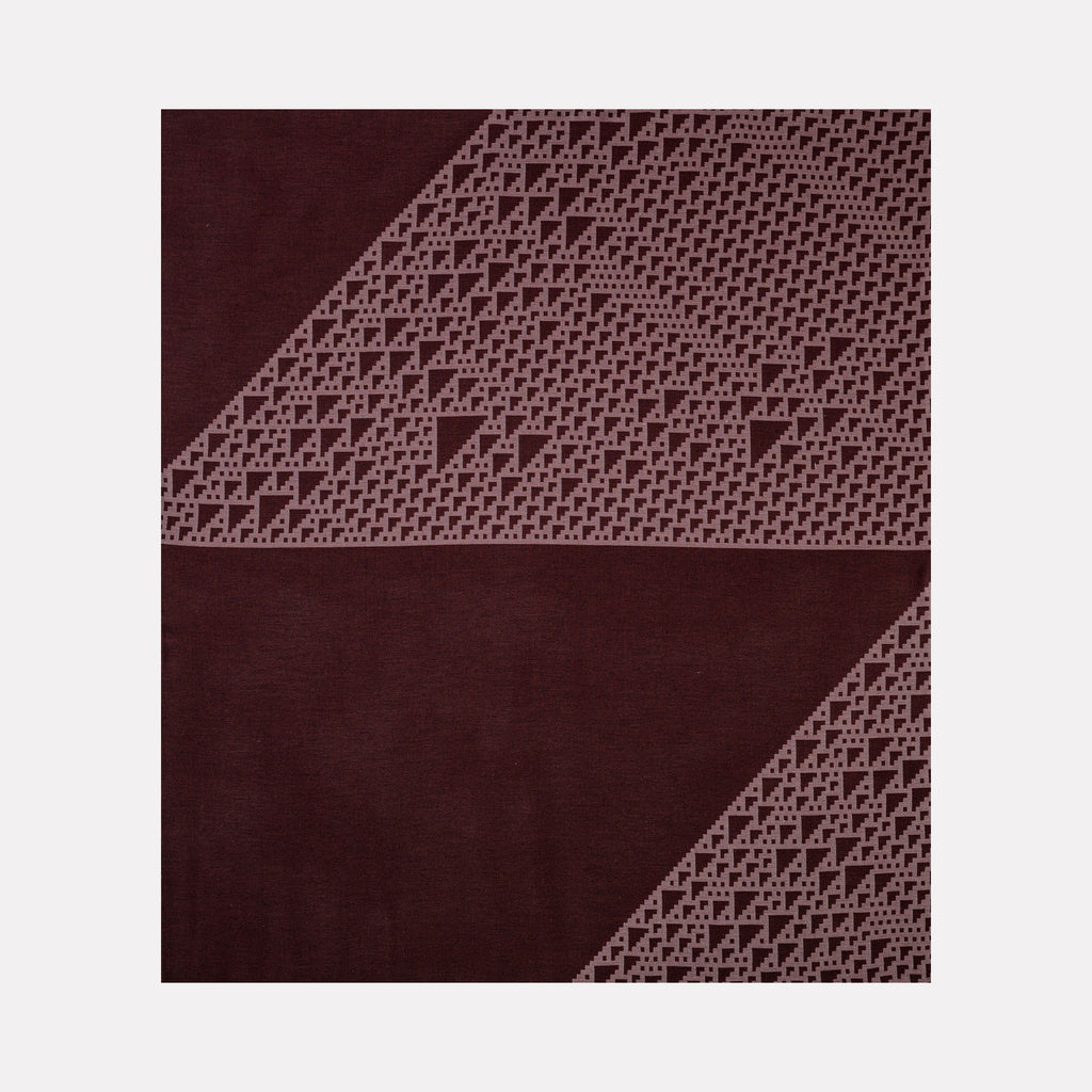 Algorithmic Textures (#2) by Craftwork features a geometric abstract design with layered triangular patterns in muted mauve and deep burgundy, creating a harmonious interplay of shapes and textures that evokes a modern, minimalist aesthetic within the Curina art collection.