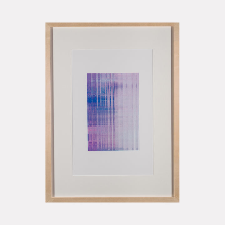 Algorithmic Textures (#7) by Craftwork features a framed abstract artwork with layered vertical and horizontal lines in purple and blue hues, creating a subtle gradient and textured effect that explores digital patterns with a calm, contemporary art sensibility.