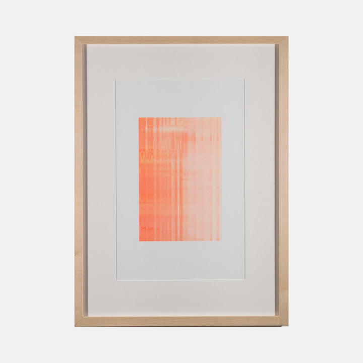 Algorithmic Textures (#8) by Craftwork features a framed abstract artwork with vertical and horizontal linear patterns in warm coral and peach tones, blending subtle texture and soft color transitions in a minimalist contemporary art style.
