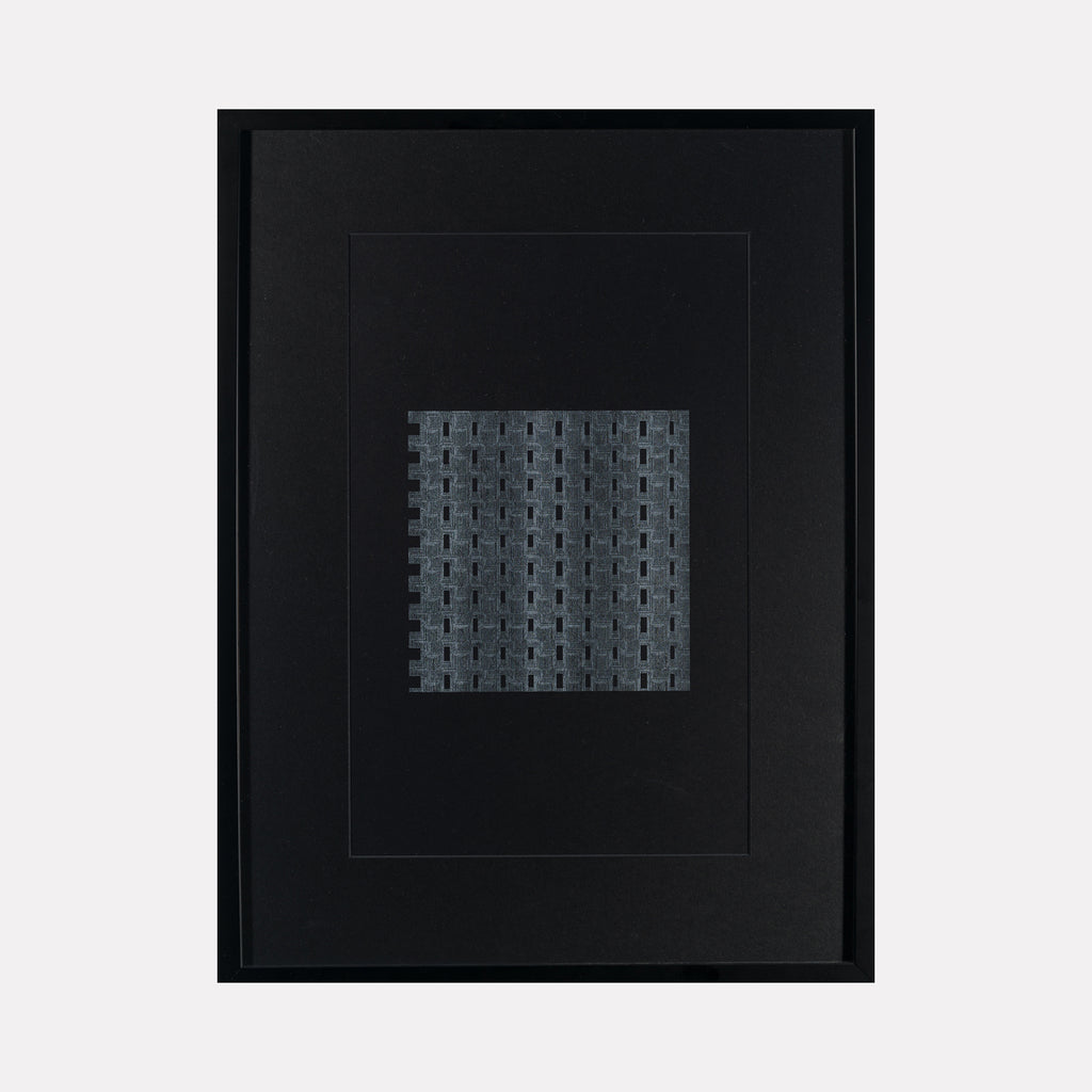 Algorithmic Textures (#9) by Craftwork features a framed abstract artwork with a grid of textured gray blocks on a deep black background, presenting a minimalist, modern exploration of pattern, depth, and subtle geometric repetition in contemporary art.