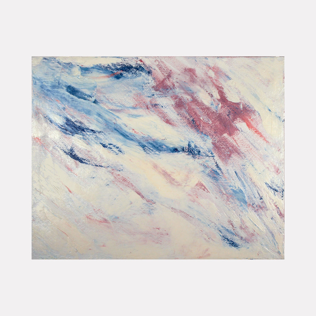 The artwork "Drifting" by Ali Ha features an abstract landscape with dynamic, sweeping brushstrokes in bright blues and soft reds over a pale, luminous background. The textured surface suggests fluid movement and airy expanses, reminiscent of Helen Frankenthaler’s color fields and the emotive brushwork of J.M.W. Turner’s skies.