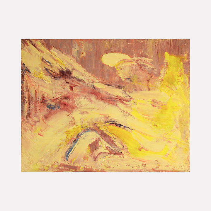 The artwork "Energy Flow" by Ali Ha features an expressive abstract composition with sweeping, layered brushstrokes in vibrant yellows, warm ochres, and soft reds. The dynamic textures evoke an energetic, fluid motion reminiscent of the emotive color fields of Mark Rothko and the bold gestural style of Willem de Kooning.
