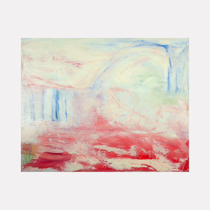The artwork "Fall Over Me" by Ali Ha showcases an abstract landscape with flowing, soft pastel blues and greens blending into vibrant reds and creams. The textured brushstrokes create a dynamic sense of movement and depth, reminiscent of Helen Frankenthaler’s color field experiments and the atmospheric abstraction seen in Mark Rothko’s works.