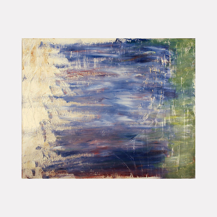 The artwork "Opposite Ends" by Ali Ha features an abstract blend of cool blues and greens contrasted with warm creamy tones. The textured surface reveals horizontal brushstrokes and subtle layering, evoking a sense of movement and balance. This piece recalls the color exploration of Helen Frankenthaler and the dynamic atmospheres of J.M.W. Turner.