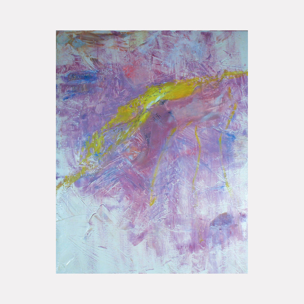 The artwork "Range Moments" by Ali Ha presents a textured abstract with luminous lavender and soft pink hues blending into patches of vibrant chartreuse and subtle blue accents. The layered brushwork evokes a sense of ethereal movement and depth, reminiscent of the expressive abstractions of Cy Twombly and the luminous color fields of Helen Frankenthaler.