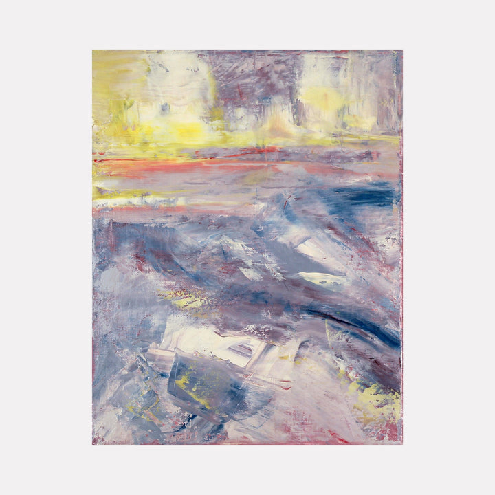 The artwork "Sea Us Collide" by Ali Ha presents an abstract composition with layered brushstrokes in soft blues, muted purples, and pale yellows, accented by hints of warm red. The textured surface suggests a turbulent seascape blending with a luminous sky, evoking the atmospheric depth and fluidity found in the works of J.M.W. Turner and Helen Frankenthaler.