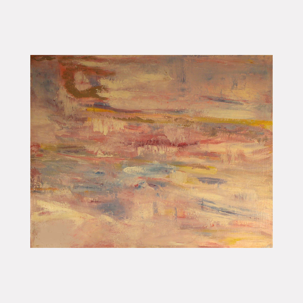 The artwork "Snakes In The Sky" by Ali Ha explores an abstract landscape infused with warm, muted tones of pink, beige, and soft yellow, subtly layered with washes of red and blue. The textured brushstrokes create an ethereal, dreamlike atmosphere reminiscent of J.M.W. Turner’s luminous skies and the expressive abstractions of Mark Rothko.