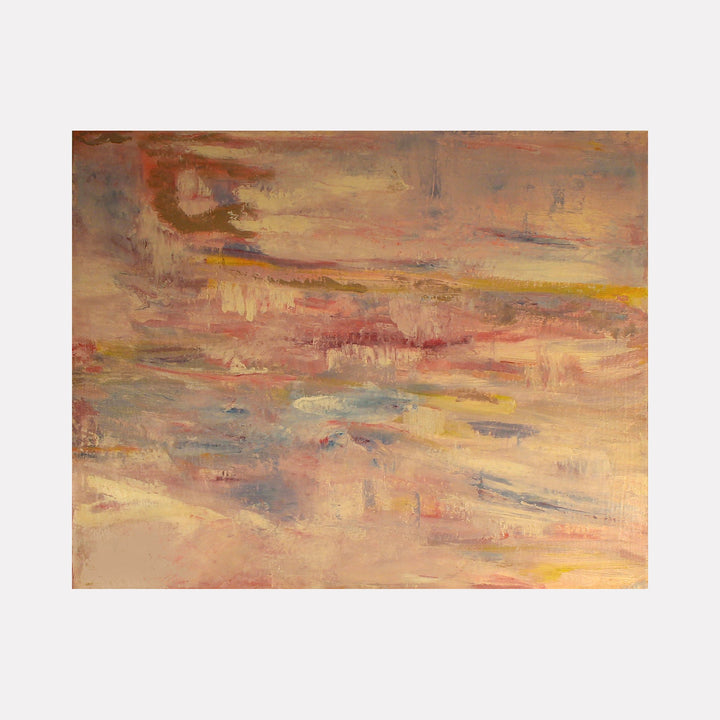 The artwork "Snakes In The Sky" by Ali Ha explores an abstract landscape infused with warm, muted tones of pink, beige, and soft yellow, subtly layered with washes of red and blue. The textured brushstrokes create an ethereal, dreamlike atmosphere reminiscent of J.M.W. Turner’s luminous skies and the expressive abstractions of Mark Rothko.
