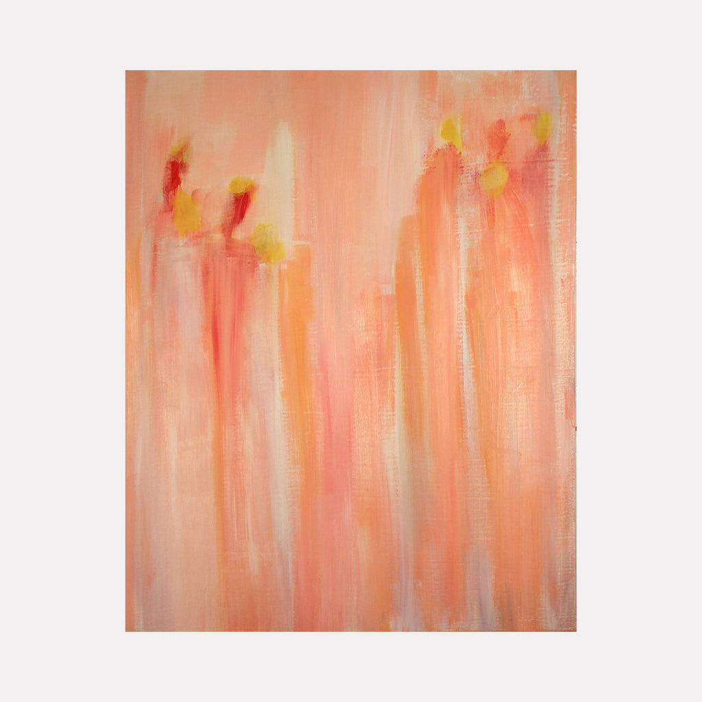 The artwork "View Behind" by Ali Ha features an ethereal abstract composition in warm shades of soft orange, peach, and subtle reds, punctuated by delicate touches of yellow. Vertical brushstrokes create a translucent, layered effect evoking gentle figures or forms, reminiscent of the light and atmospheric depth found in Mark Rothko’s and Helen Frankenthaler’s works.