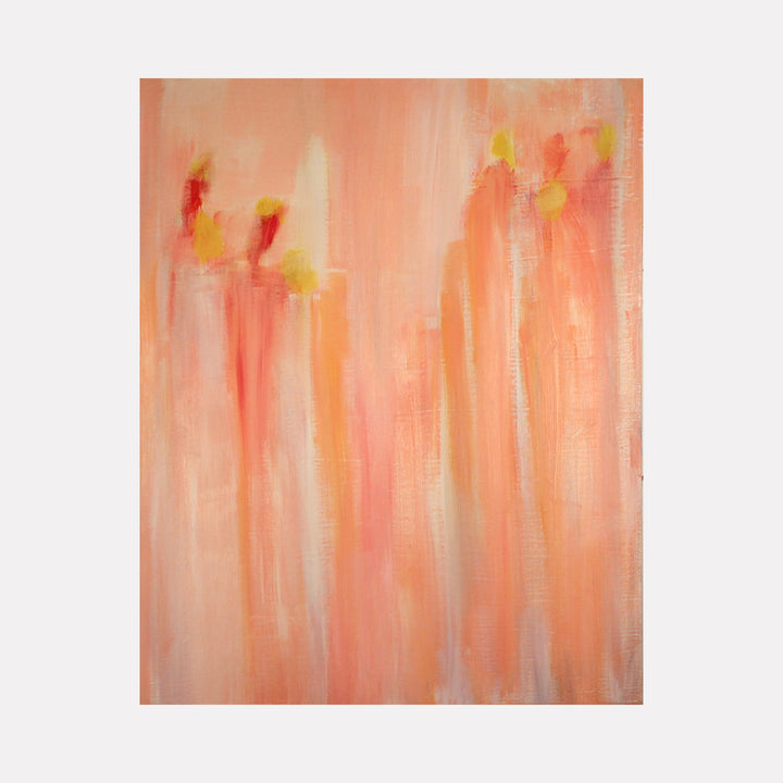 The artwork "View Behind" by Ali Ha features an ethereal abstract composition in warm shades of soft orange, peach, and subtle reds, punctuated by delicate touches of yellow. Vertical brushstrokes create a translucent, layered effect evoking gentle figures or forms, reminiscent of the light and atmospheric depth found in Mark Rothko’s and Helen Frankenthaler’s works.