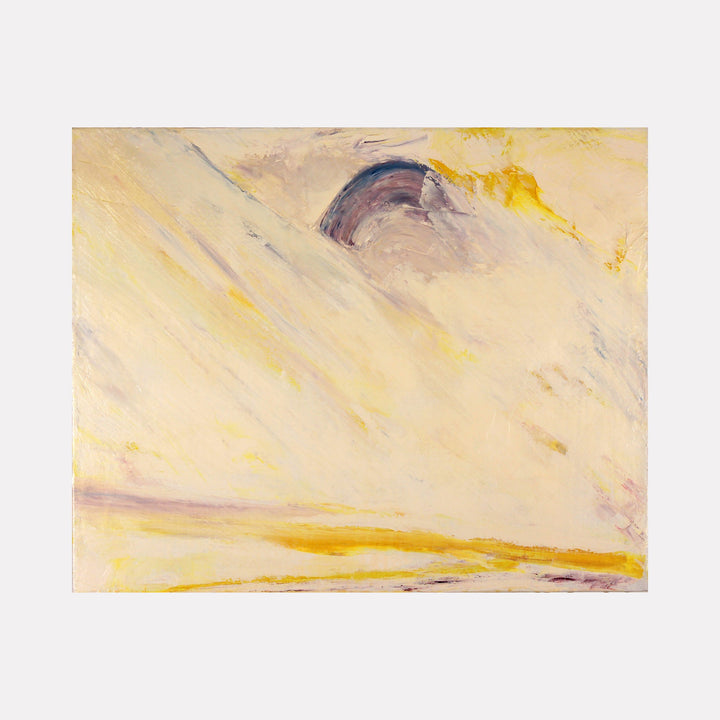 The artwork "Vision of The Vibes" by Ali Ha features a soft, abstract composition with sweeping brushstrokes in pale yellows and muted lavender, accented by a dark arc shape near the top center. The textured layers evoke an ethereal, atmospheric landscape, reminiscent of the subtle luminosity in J.M.W. Turner’s and Helen Frankenthaler’s expressive works.