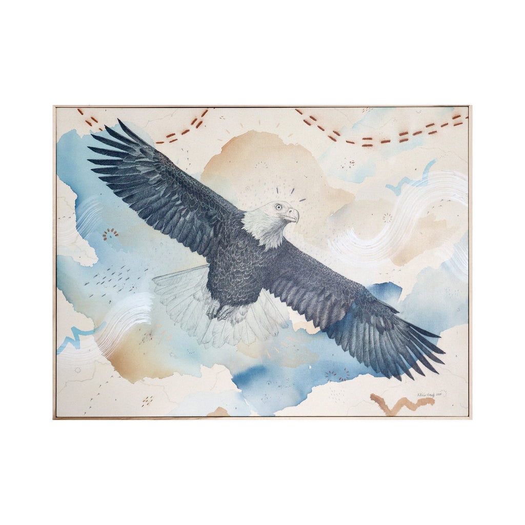 The artwork "Bald Eagle, Sacred Emblem & Protector" by Alicia Hauff features a detailed, realistic depiction of a soaring bald eagle with outstretched wings against a soft, abstract background of blue, beige, and white washes. The layered textures and ethereal, swirling forms evoke the symbolic and dynamic qualities reminiscent of John James Audubon and Winslow Homer’s naturalistic yet expressive styles.