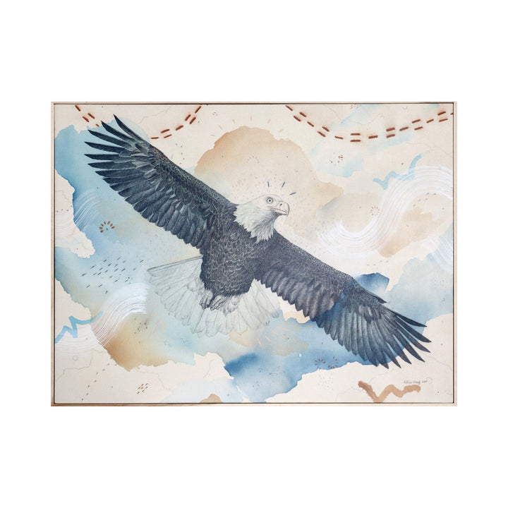 The artwork "Bald Eagle, Sacred Emblem & Protector" by Alicia Hauff features a detailed, realistic depiction of a soaring bald eagle with outstretched wings against a soft, abstract background of blue, beige, and white washes. The layered textures and ethereal, swirling forms evoke the symbolic and dynamic qualities reminiscent of John James Audubon and Winslow Homer’s naturalistic yet expressive styles.