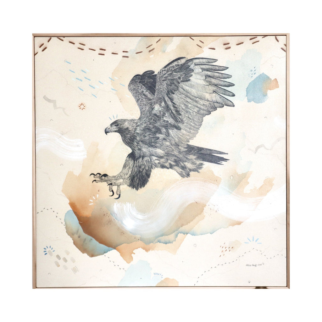 The artwork "Golden Eagle, Sacred Messenger & Master of the Sky" by Alicia Hauff features a detailed mixed media depiction of a soaring eagle with outstretched wings in shades of gray and black. Set against a soft abstract background of beige, blue, and earthy tones with fluid brushstrokes and dotted patterns, the piece evokes naturalistic precision and atmospheric abstraction reminiscent of John James Audubon and Georgia O’Keeffe.