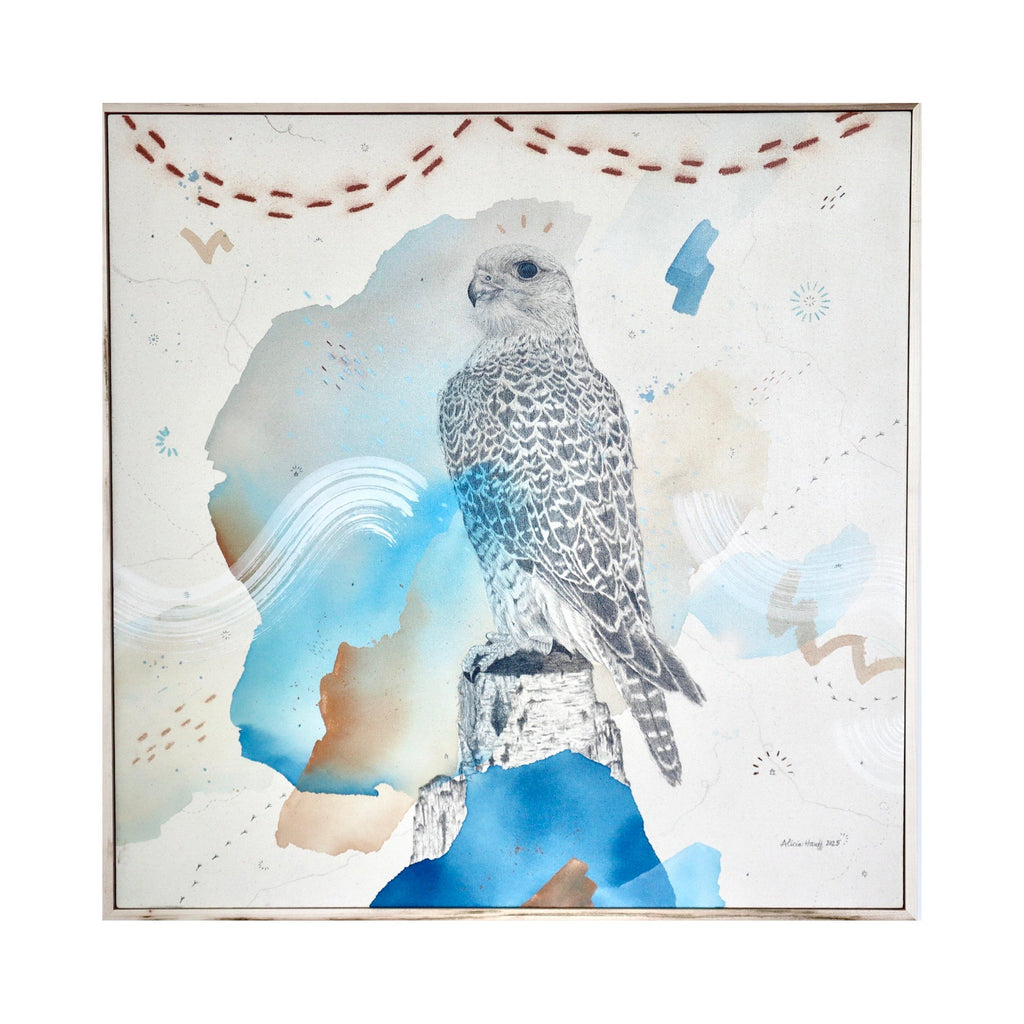 The artwork "Gyrfalcon, A King of Kings' Companion" by Alicia Hauff features a detailed mixed media depiction of a gyrfalcon perched on a textured rock. The composition includes soft washes of blue and earth tones with abstract brushstrokes and delicate patterns, evoking the serene yet majestic presence reminiscent of naturalist art and contemporary abstraction influenced by artists like Helen Frankenthaler and Cy Twombly.