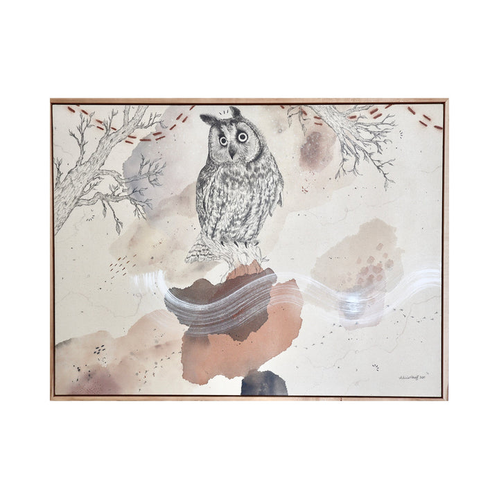 The artwork "Long-Eared Owl is All Ears" by Alicia Hauff features a detailed owl rendered in delicate gray and brown tones perched amid abstract organic shapes in muted earth colors. The textured layering and fine line work evoke a naturalistic yet ethereal quality, reminiscent of the subtle realism in works by Andrew Wyeth and the lyrical abstraction of Cy Twombly.