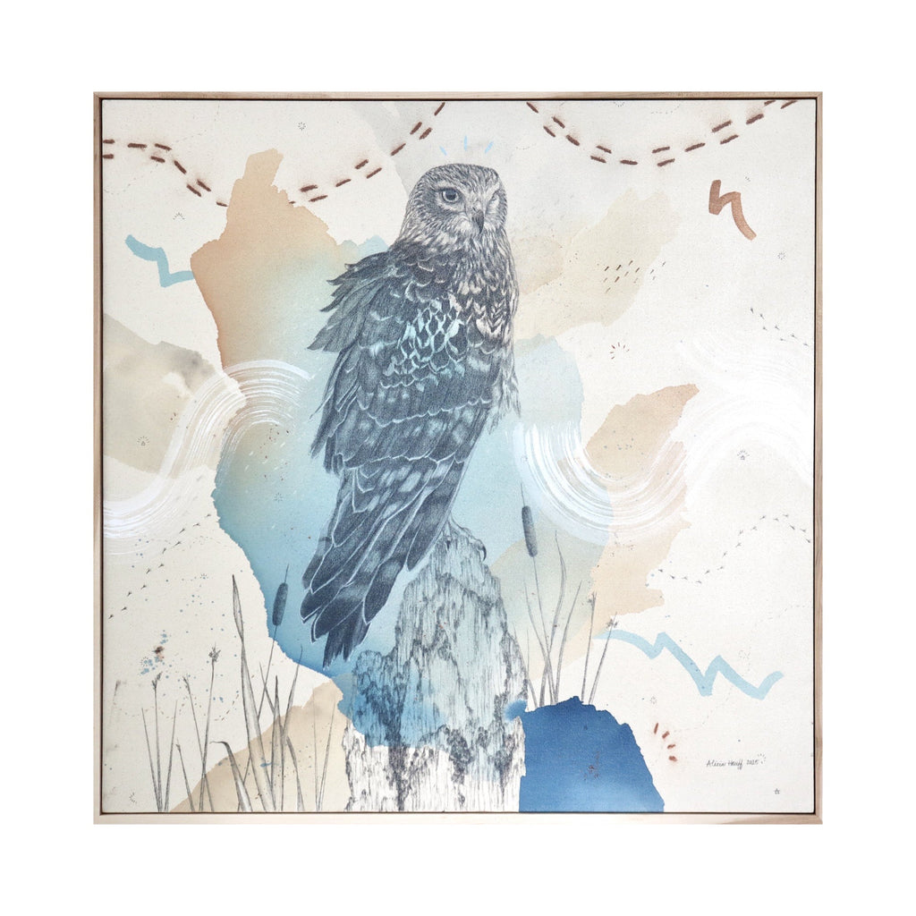 The artwork "Northern Harrier, Low Gliding Guide" by Alicia Hauff features a detailed illustration of a harrier perched on a textured rock, surrounded by abstract earthy and blue-toned shapes with soft washes and subtle dotted patterns. The layered mixed media style recalls the naturalistic yet modern abstraction seen in works by Charley Harper and Georgia O’Keeffe.