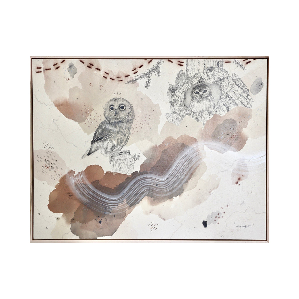 The artwork "Northern Saw-Whet Owl, Cute With an Attitude" by Alicia Hauff features a delicate composition of a small owl rendered in fine pencil detail alongside textured washes of browns, creams, and soft grays. Fluid brushstrokes and layered pigments evoke the subtle naturalism and gentle abstraction found in works by Andrew Wyeth and Winslow Homer.