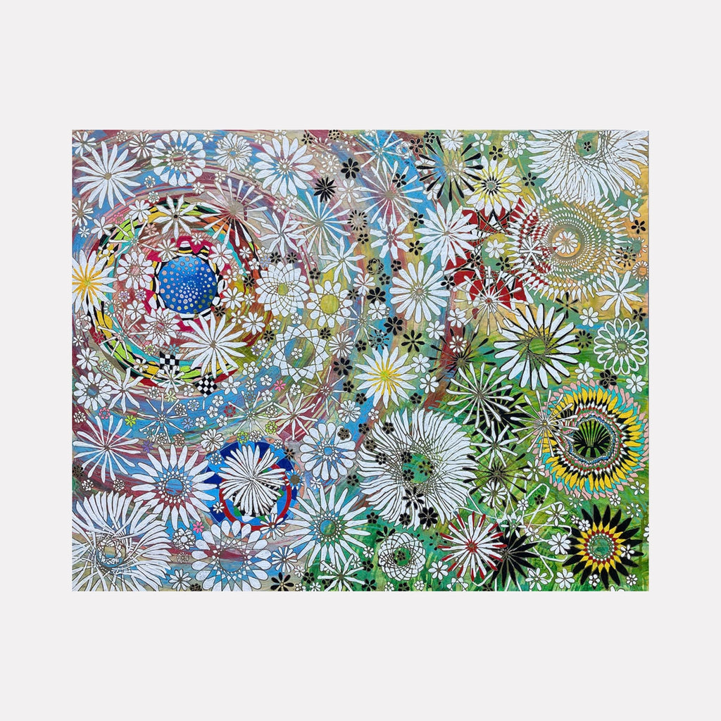 The artwork "All Living Things Are Conscious" features an intricate composition of densely packed, stylized flowers and circular patterns in vibrant colors including white, blue, green, yellow, and red. Textured layers and delicate linework create a dynamic, almost psychedelic effect, blending organic shapes with abstract design. By Amy Cheng.
