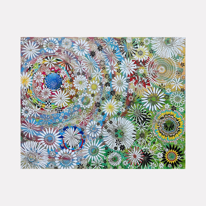 The artwork "All Living Things Are Conscious" features an intricate composition of densely packed, stylized flowers and circular patterns in vibrant colors including white, blue, green, yellow, and red. Textured layers and delicate linework create a dynamic, almost psychedelic effect, blending organic shapes with abstract design. By Amy Cheng.