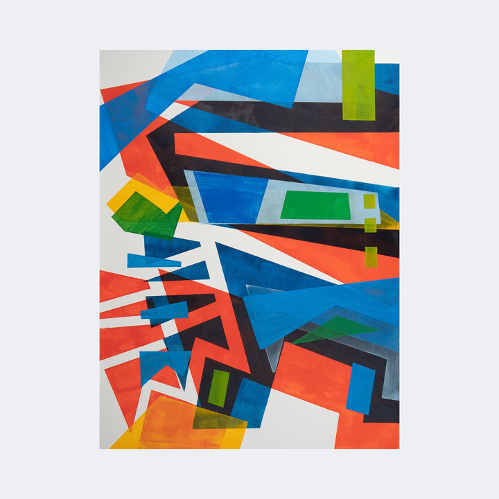 The artwork "All That Jazz" by Lisa Petker Mintz features a dynamic composition of geometric shapes in vibrant colors including blue, red, green, yellow, white, and black. The piece showcases bold angular forms and overlapping planes reminiscent of Cubism and the works of artists like Sonia Delaunay and Piet Mondrian, creating a lively abstract rhythm.