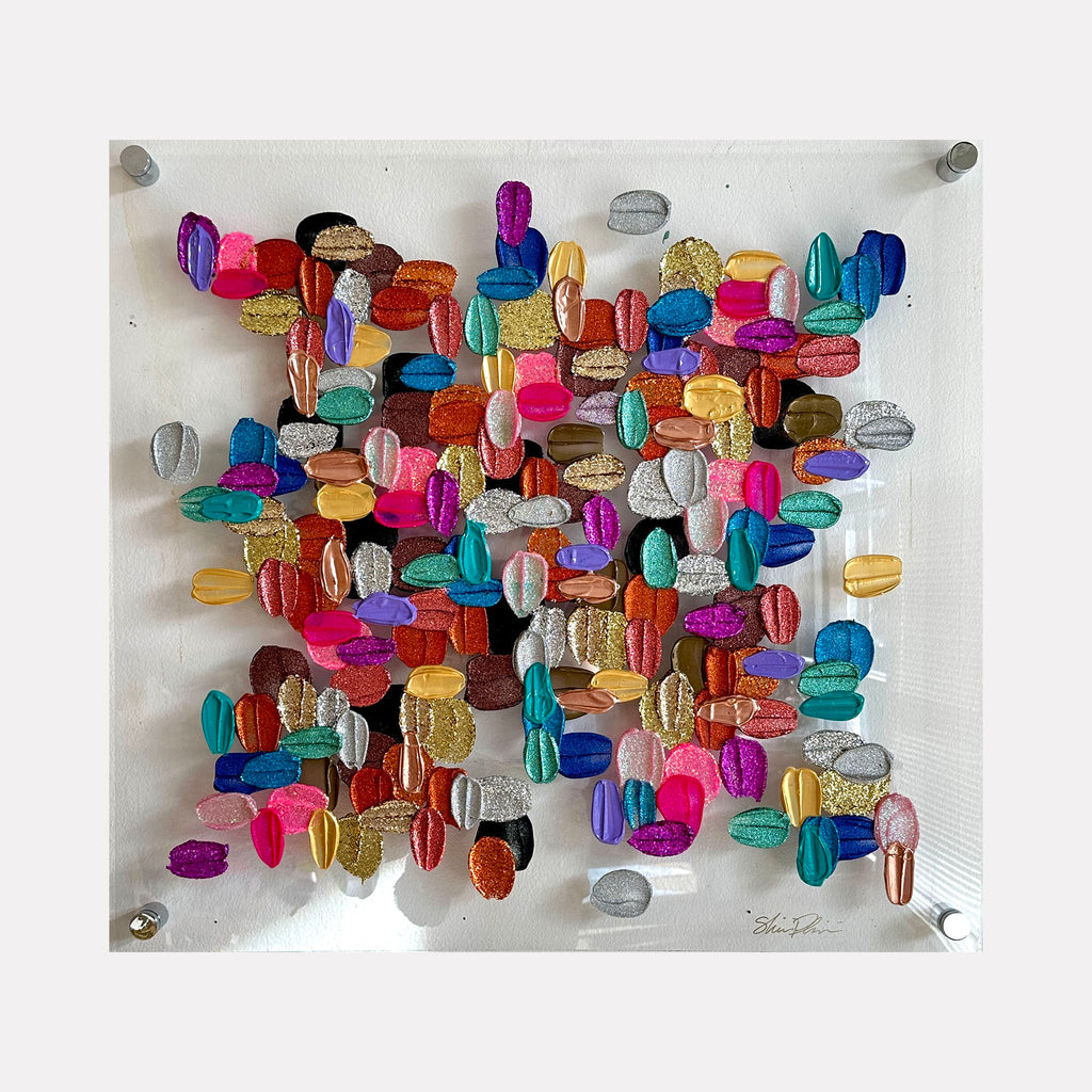 All That Shines by Shiri Phillips presents a vibrant mosaic of overlapping oval shapes in rich jewel tones, metallic golds, and shimmering silvers. The composition layers textured, glossy elements that catch light, creating a dynamic, sparkling effect with a lively, multidimensional presence.