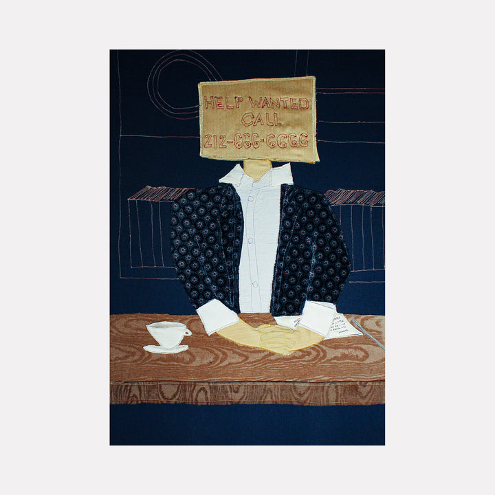 The artwork 'All is Fair in Law and War' by Ali Ha depicts a figure in a patterned black jacket and white shirt seated at a wooden table with coffee cups. Their head is replaced by a beige paper showing a phone number. Created using collaged fabric applique and acrylic paint against a deep navy background, the piece combines textural elements and mixed media techniques. By Ali Ha.