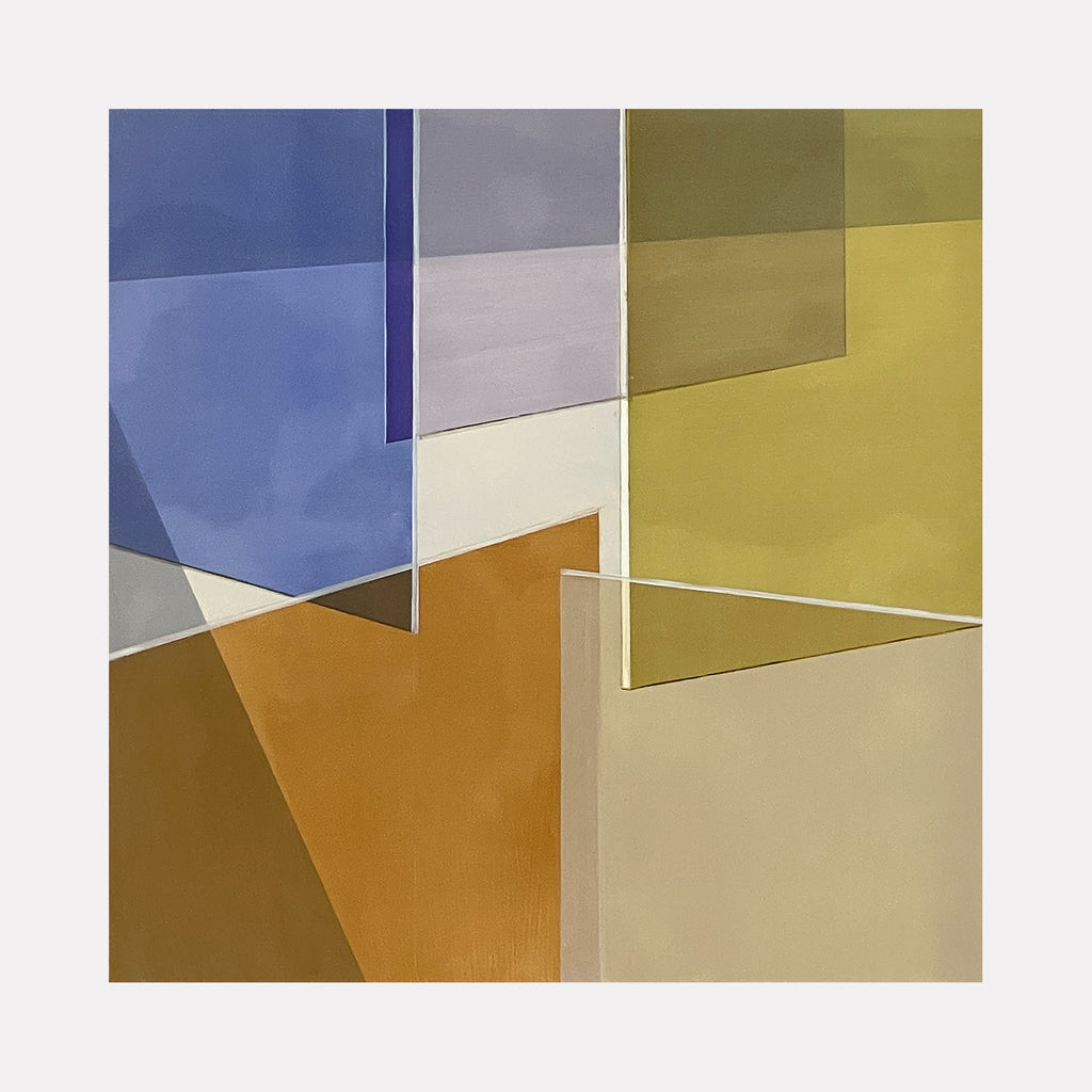 Five Glass Panels by Allan Gorman displays an abstract arrangement of overlapping rectangular shapes in muted blues, warm ochres, soft grays, and olive greens. The composition’s subtle layering and translucent effect create a quiet, harmonious balance of color and form with an understated reflective quality.