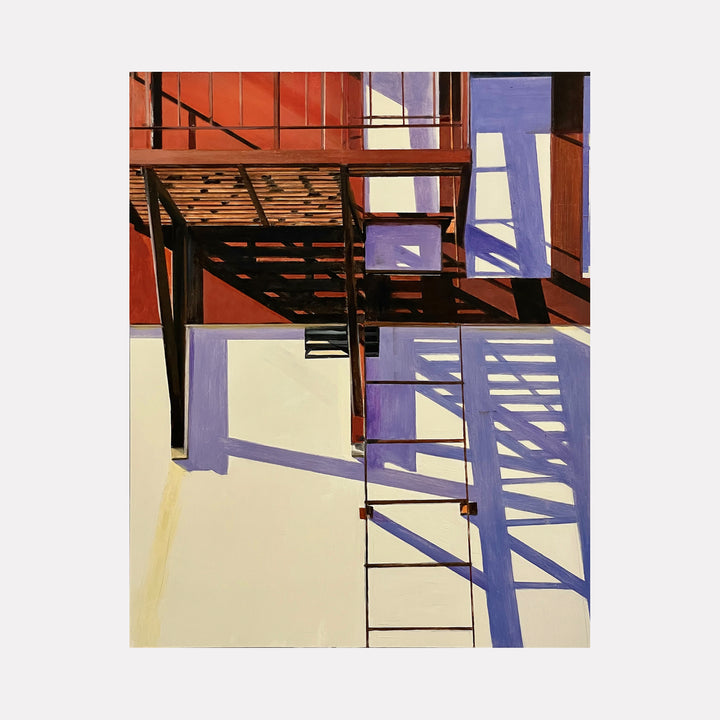 Lavender Shadows by Allan Gorman reveals a striking interplay of light and shadow on an architectural structure. Deep rust tones contrast with cool lavender and cream, as linear ladders and beams cast intricate patterns that emphasize geometric balance and a contemplative mood through sharp contrasts and layered forms.