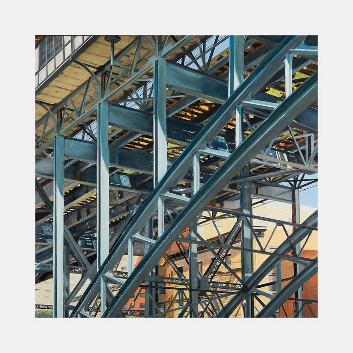 Manhattan Valley Overpass by Allan Gorman depicts a complex arrangement of steel beams and supports in muted blue and gray tones. The interplay of structural elements and angled lines creates a layered, industrial composition that captures the texture and depth of urban infrastructure with precise detail and a calm, reflective mood.