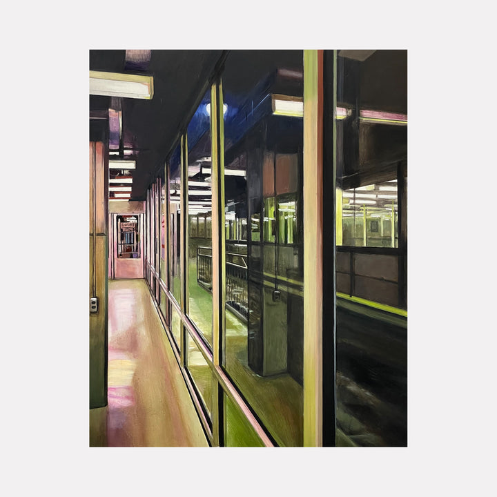 Midnight in the Bus Station by Allan Gorman portrays a quiet interior scene with reflective glass panels and structural elements in muted tones. The composition explores light and shadow interplay, creating a contemplative atmosphere through subtle color contrasts and the depth of an urban transit environment at night.
