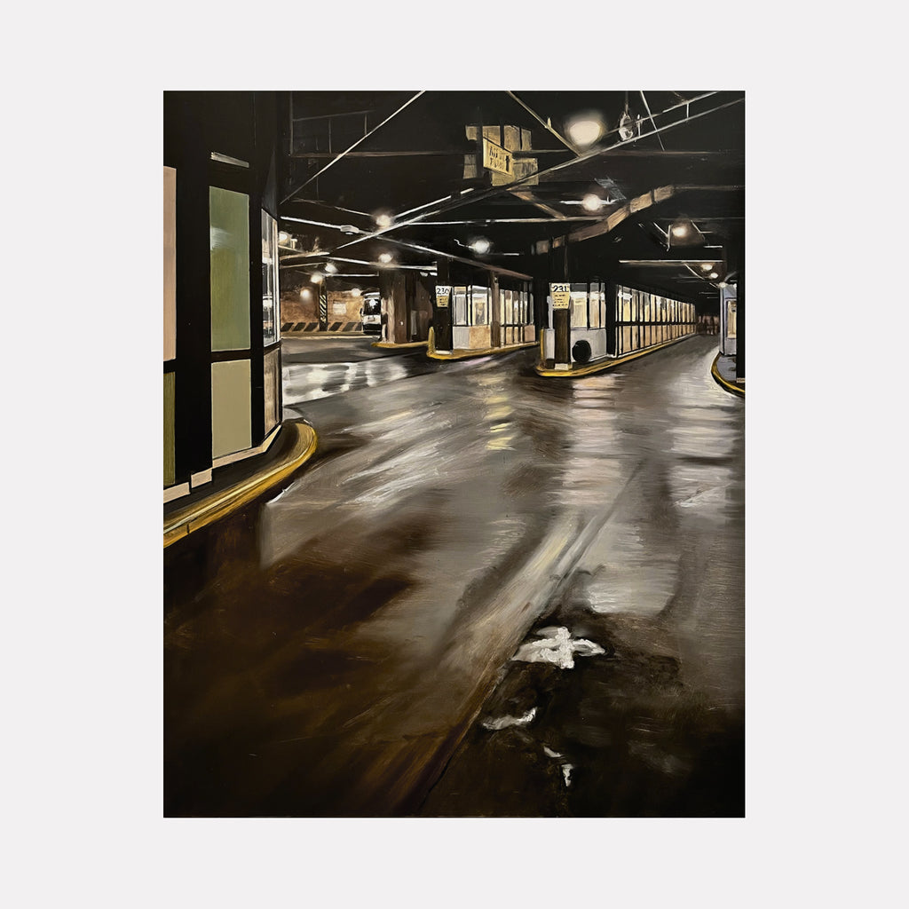 Midnight at Gate 231 by Allan Gorman captures a quiet, dimly lit interior space with reflective floors and glowing overhead lights. The composition highlights smooth, wet surfaces and structural beams, evoking a serene and contemplative nighttime atmosphere within an urban transit setting.