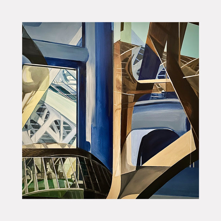 Reflections of Santiago Calatrava as Seen Through a Tour Bus Windscreen by Allan Gorman depicts an abstract urban landscape with intersecting architectural forms in cool blues, earthy browns, and muted greens, evoking the intricate framework and dynamic structure of Calatrava’s iconic designs through a layered, reflective perspective.
