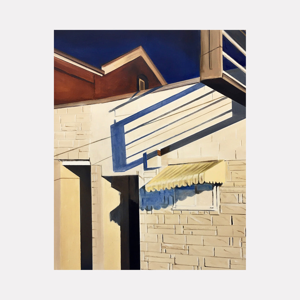 Shadows on a Kearny Building by Allan Gorman depicts sharp architectural shadows cast on a light brick facade under a deep blue sky. Warm beige and muted yellow tones contrast with bold dark shapes, emphasizing geometric forms and a quiet interplay of light in an urban setting.