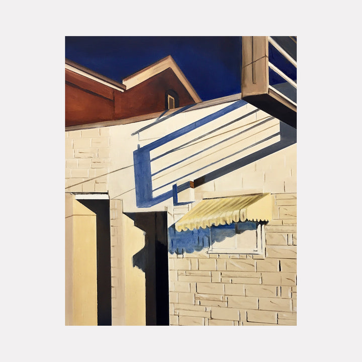 Shadows on a Kearny Building by Allan Gorman depicts sharp architectural shadows cast on a light brick facade under a deep blue sky. Warm beige and muted yellow tones contrast with bold dark shapes, emphasizing geometric forms and a quiet interplay of light in an urban setting.