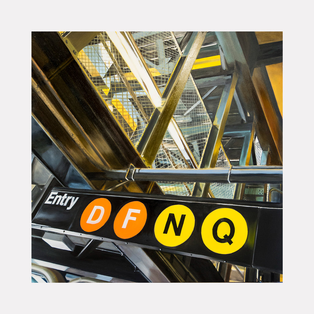 Stillwell Stairwell by Allan Gorman showcases an intricate urban scene highlighting structural beams and metal frameworks with a strong focus on intersecting lines. The composition draws attention to a subway entry sign featuring bold orange and yellow circles against an industrial backdrop, evoking the layered complexity of city infrastructure.