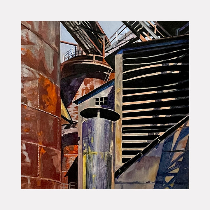 They Don’t Use That Ol’ Mill No Mo by Allan Gorman presents an intricate view of an abandoned industrial site featuring rusted metal structures, weathered silos, and overlapping shadows. The composition conveys a nostalgic mood through warm tones and detailed textures that evoke a forgotten era of manufacturing.