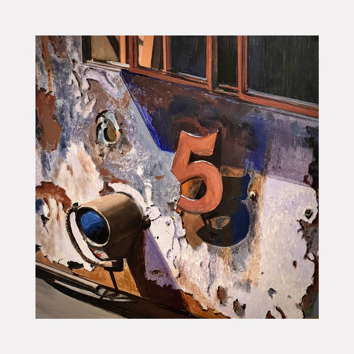 They Don’t Run Ol’ #5 No Mo by Allan Gorman captures a weathered close-up of a rusted metal surface with peeling paint, prominently featuring a bold number 5 and an old spotlight. The composition highlights textures and aged industrial character, evoking a nostalgic yet contemplative urban atmosphere through earthy and muted tones.