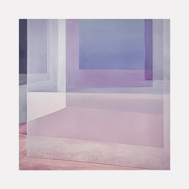 Through the Looking Glass by Allan Gorman features a serene composition of translucent geometric planes in soft lavender, muted pink, and cool gray tones. The layered transparent shapes evoke a quiet, introspective mood through subtle shifts in color and overlapping forms that suggest depth and calm reflection.