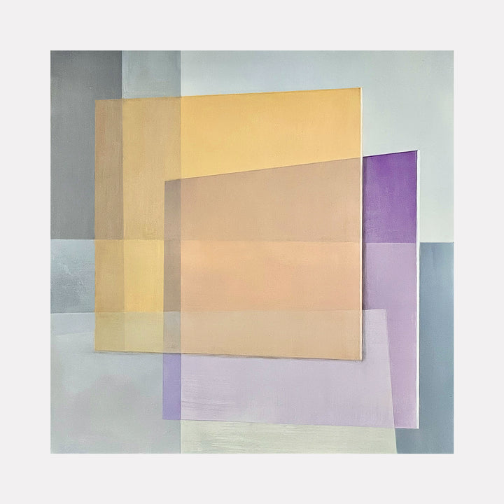 Yellow and Violet Afloat by Allan Gorman features overlapping translucent panels in soft yellow and violet hues against a muted, geometric background. The composition explores subtle transparency and layered forms, creating a serene interplay of light and color in a minimalist, abstract expression.