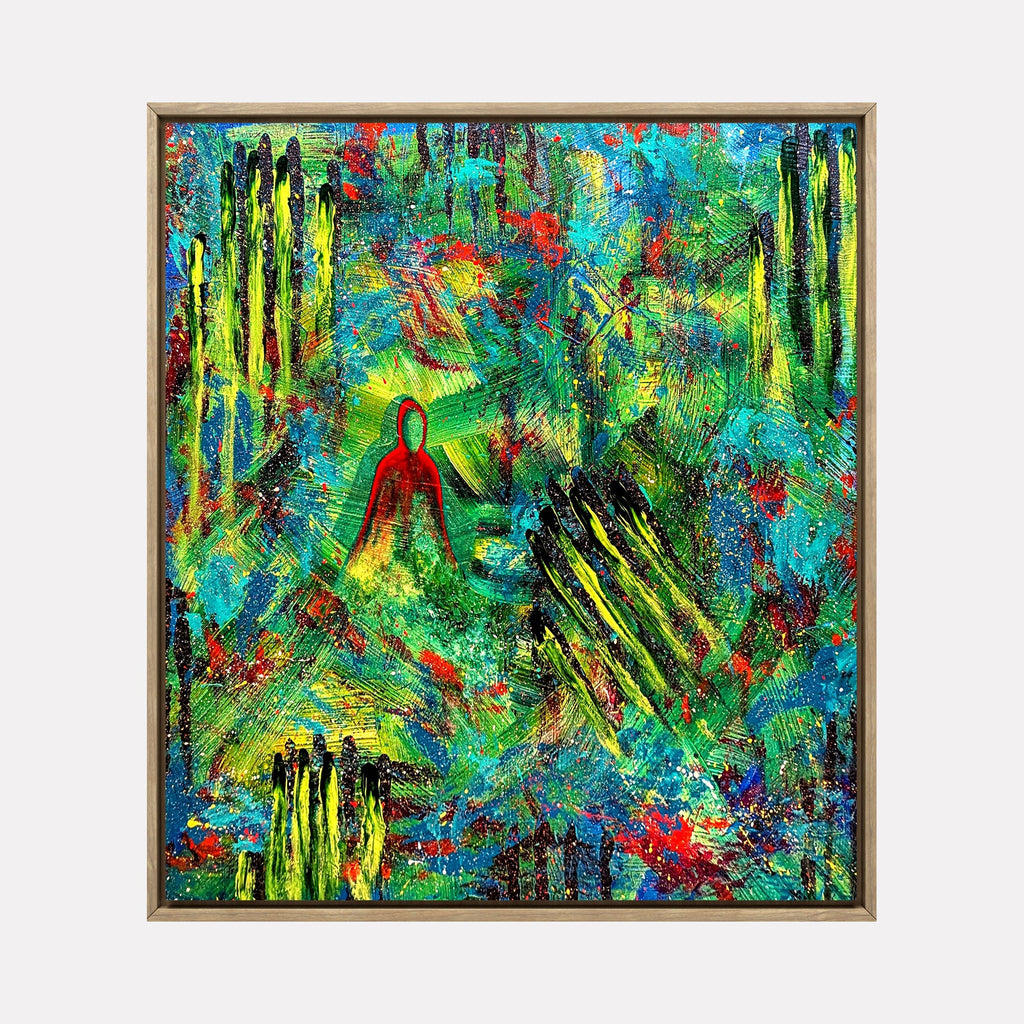 The artwork "Alone in Solitude" by Hillary Hany features a solitary red figure enveloped by swirling layers of vibrant green, blue, and yellow brushwork with textured, vertical black and yellow streaks. The dynamic, layered composition echoes the emotive abstraction of Joan Mitchell and the bold color intensity found in early works by Mark Rothko.