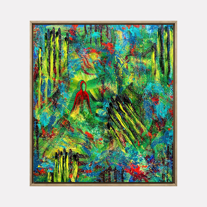 The artwork "Alone in Solitude" by Hillary Hany features a solitary red figure enveloped by swirling layers of vibrant green, blue, and yellow brushwork with textured, vertical black and yellow streaks. The dynamic, layered composition echoes the emotive abstraction of Joan Mitchell and the bold color intensity found in early works by Mark Rothko.