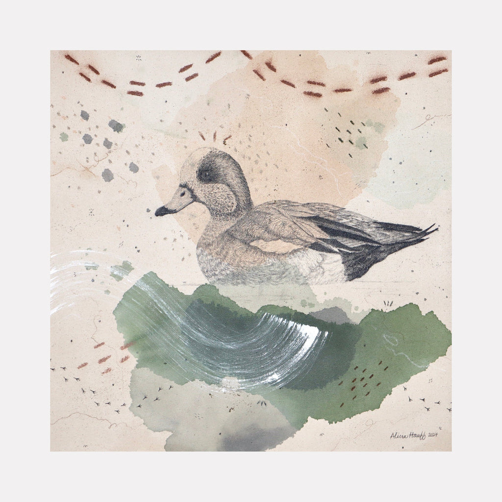 The artwork "American Wigeon, Dabbling with Pizazz" features a detailed side profile of a dabbling duck rendered in soft earthy tones with watercolor textures and abstract brush strokes in green, beige, and gray. The piece blends naturalistic detail with artistic splashes and patterns. By Alicia Hauff.