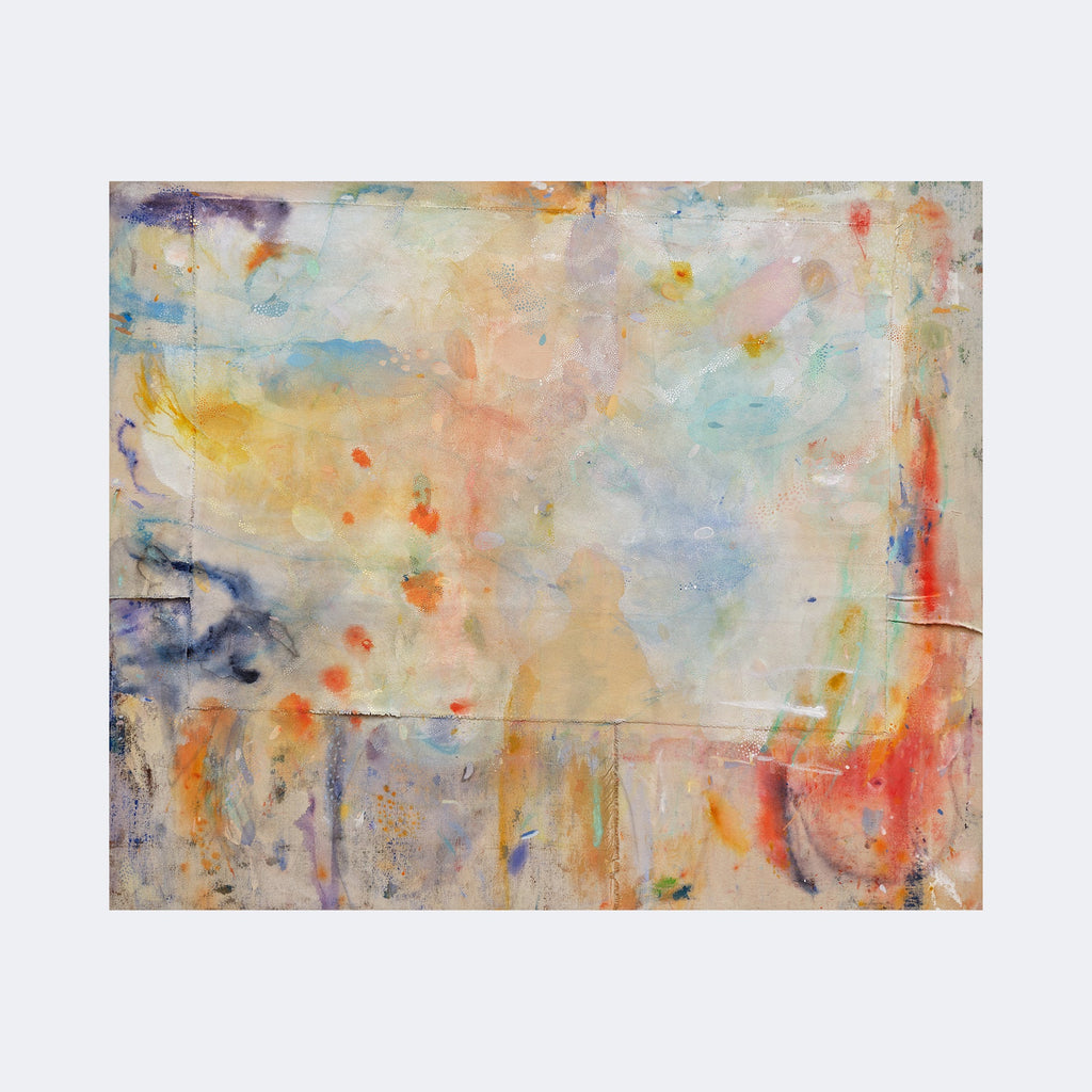 The artwork "Frankie" by Amy Decker features an abstract composition with soft washes of pastel blues, creams, and oranges, punctuated by vibrant splashes of red, yellow, and purple. The textured surface evokes a dreamy, atmospheric quality reminiscent of works by Helen Frankenthaler and Cy Twombly, blending fluid shapes and subtle layering.