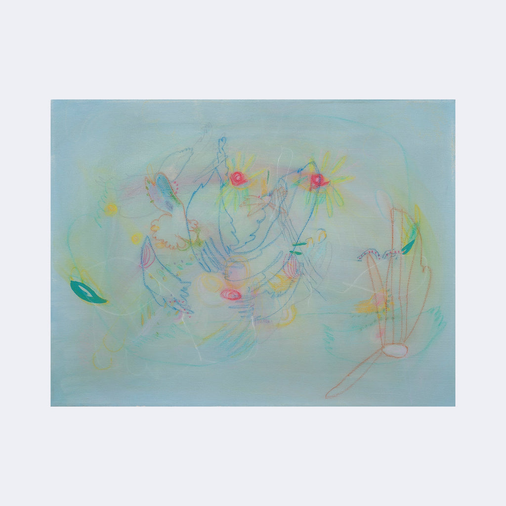 The artwork "Streched 05" by Amy Decker features delicate, ethereal pastel colors with soft blue and green hues as a background. It includes abstract, loosely drawn shapes resembling flowers and organic forms with light pink, yellow, and red accents. The style evokes a dreamy, whimsical quality reminiscent of Joan Miró’s playful abstractions and Paul Klee’s subtle color harmonies.