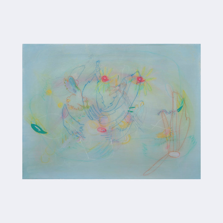 The artwork "Streched 05" by Amy Decker features delicate, ethereal pastel colors with soft blue and green hues as a background. It includes abstract, loosely drawn shapes resembling flowers and organic forms with light pink, yellow, and red accents. The style evokes a dreamy, whimsical quality reminiscent of Joan Miró’s playful abstractions and Paul Klee’s subtle color harmonies.
