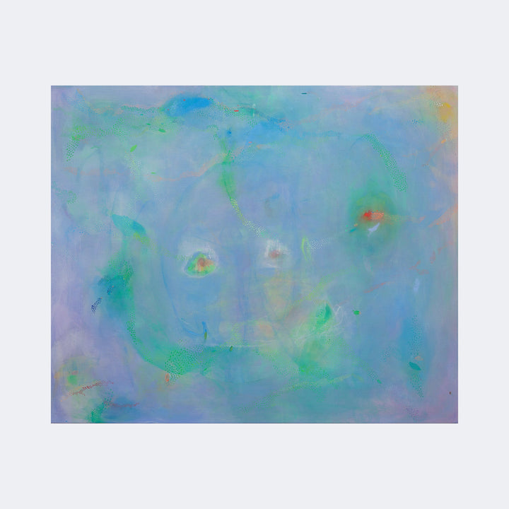 The artwork "Stretched 06" by Amy Decker features a soft, ethereal composition dominated by pastel blues and greens with subtle hints of orange and red accents. The painting exhibits fluid, abstract shapes and gentle blending reminiscent of the dreamy atmospheres seen in works by Helen Frankenthaler, with a delicate, textured surface that evokes a serene, contemplative mood.