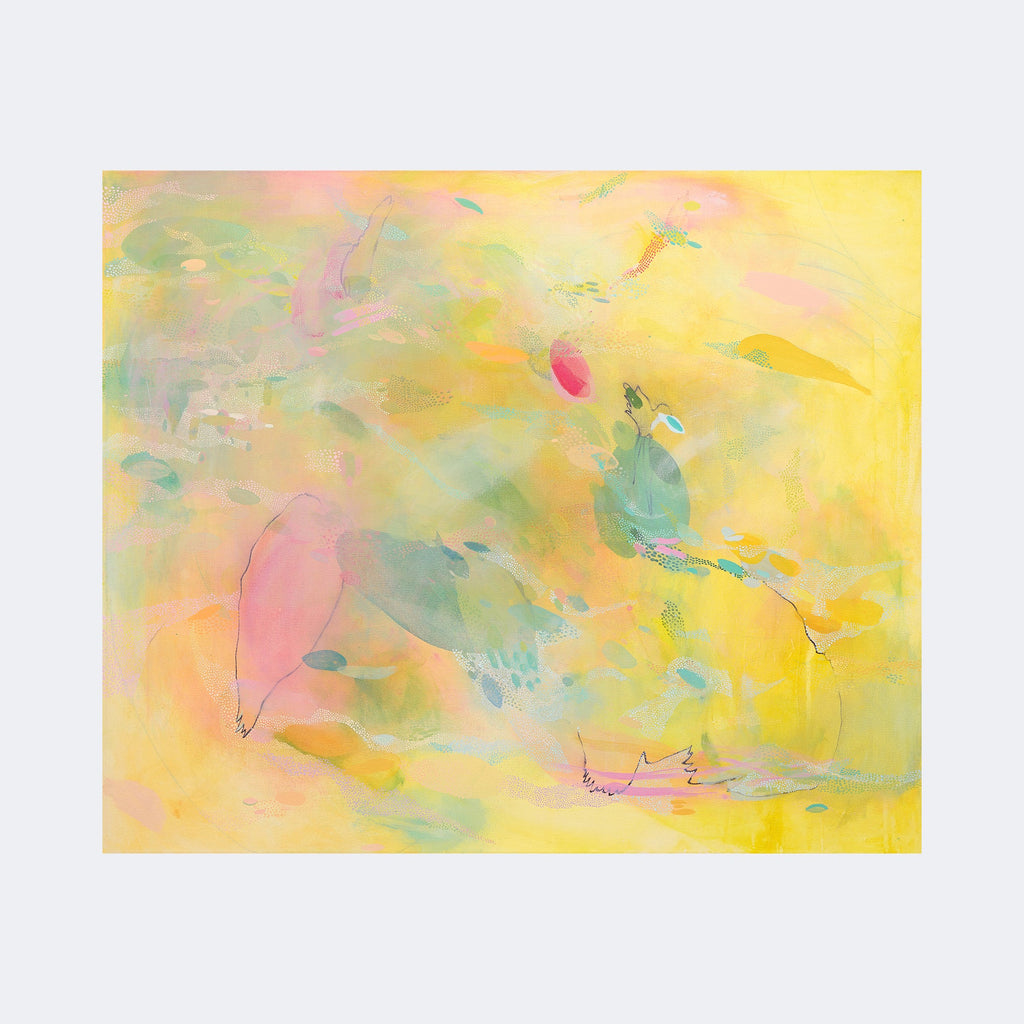 The artwork "Sundrenched" by Amy Decker features a soft, ethereal blend of pastel yellows, pinks, and blues with delicate, abstract shapes and fine lines that evoke a dreamlike atmosphere. The composition’s fluid textures and subtle layering resemble the impressionistic styles of Claude Monet and the gentle abstraction found in Wassily Kandinsky’s works, creating a serene, sunlit ambiance.